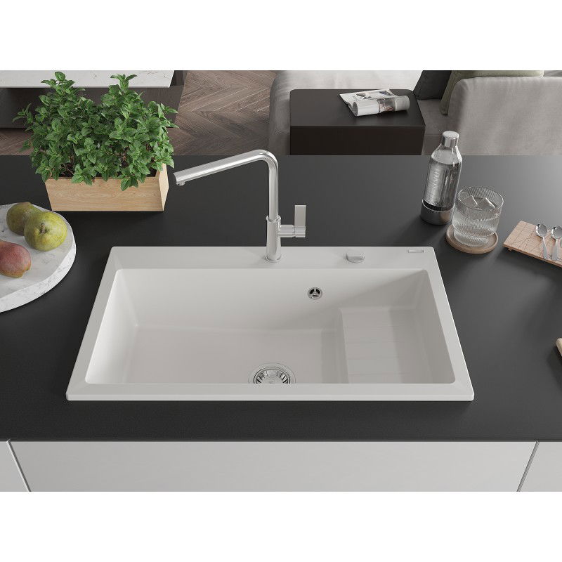 Mexen Omar granīta izlietne ar 1 nodalījumu, 800 x 480 mm, balta, hroma sifons - 6520801005-20