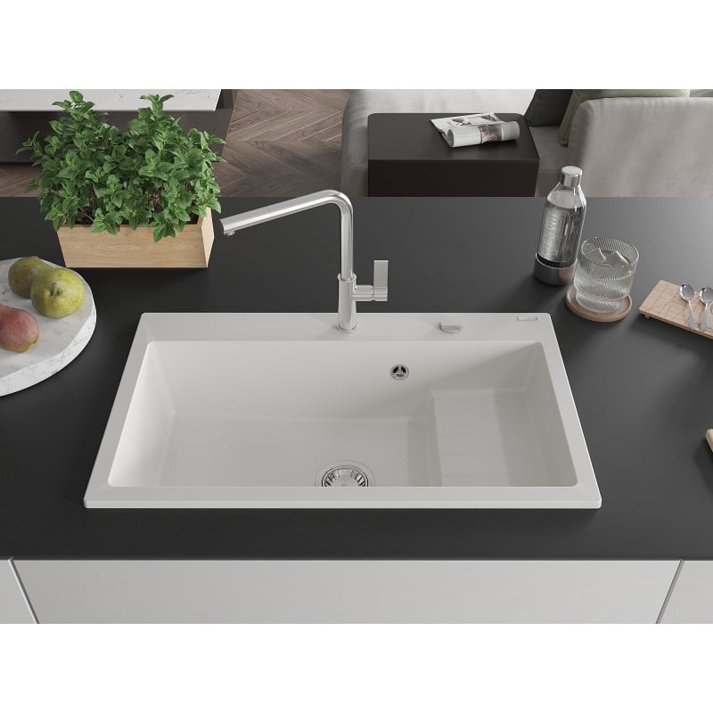 Mexen Omar Granitspüle 1,5 Becken 800 x 480 mm, weiß, Syphon Chrom - 6520801005-20