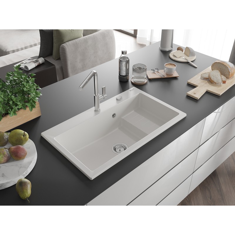 Mexen Omar zlewozmywak granitowy 1-komorowy 800 x 480 mm, biały, syfon chrom - 6520801005-20