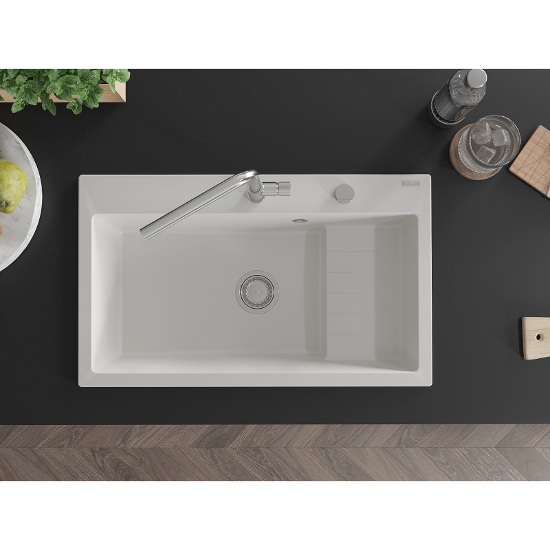 Mexen Omar granit gootsteen 1-komerig 800 x 480 mm, wit, sifon chroom - 6520801005-20