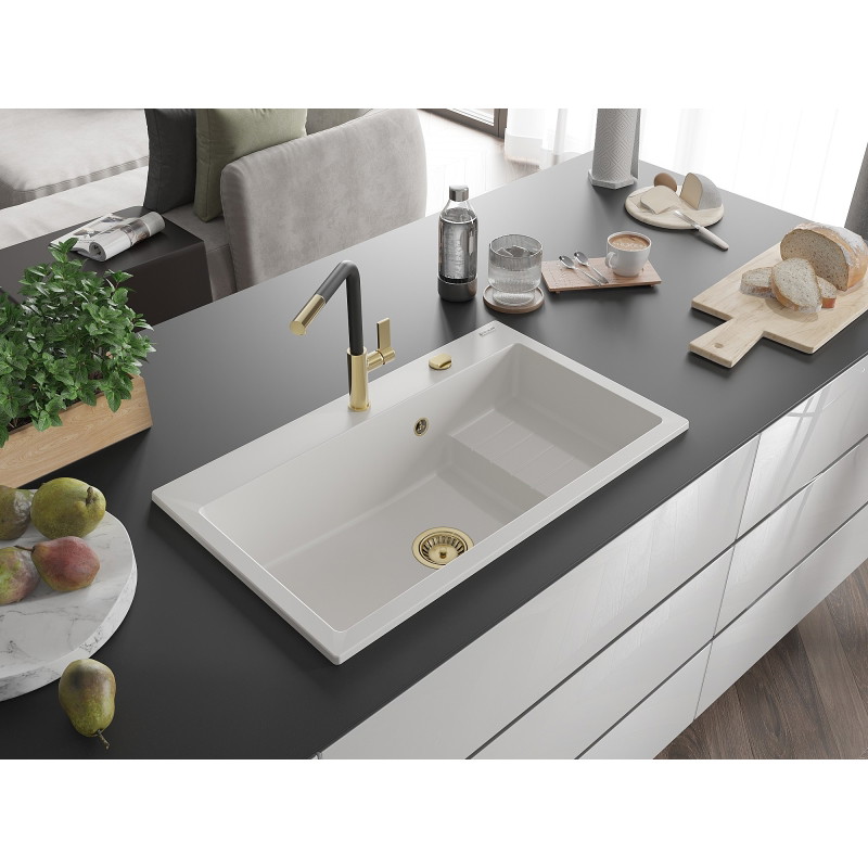 Mexen Omar graniitist köögivalamu, 1-kambriline, 800 x 480 mm, valge, kuldne sifoon - 6520801005-20-G