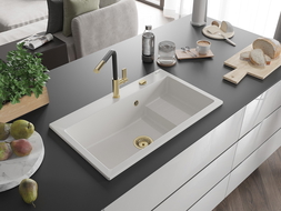 Mexen Omar Granitspüle 1-Becken 800 x 480 mm, weiß, goldener Siphon - 6520801005-20-G
