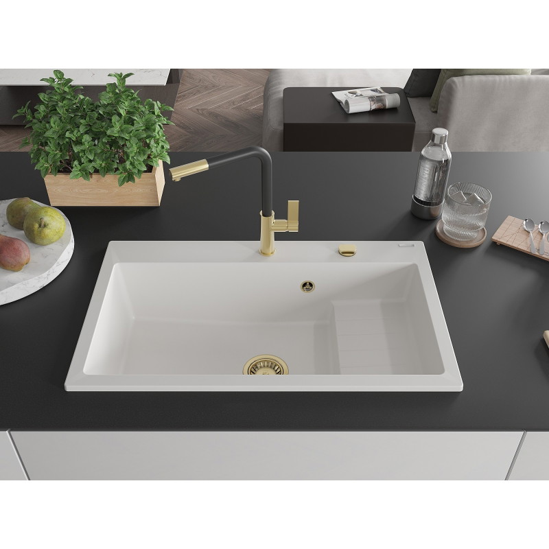 Mexen Omar granitni sudoper s jednom komorom 800 x 480 mm, bijeli, zlatni sifon - 6520801005-20-G