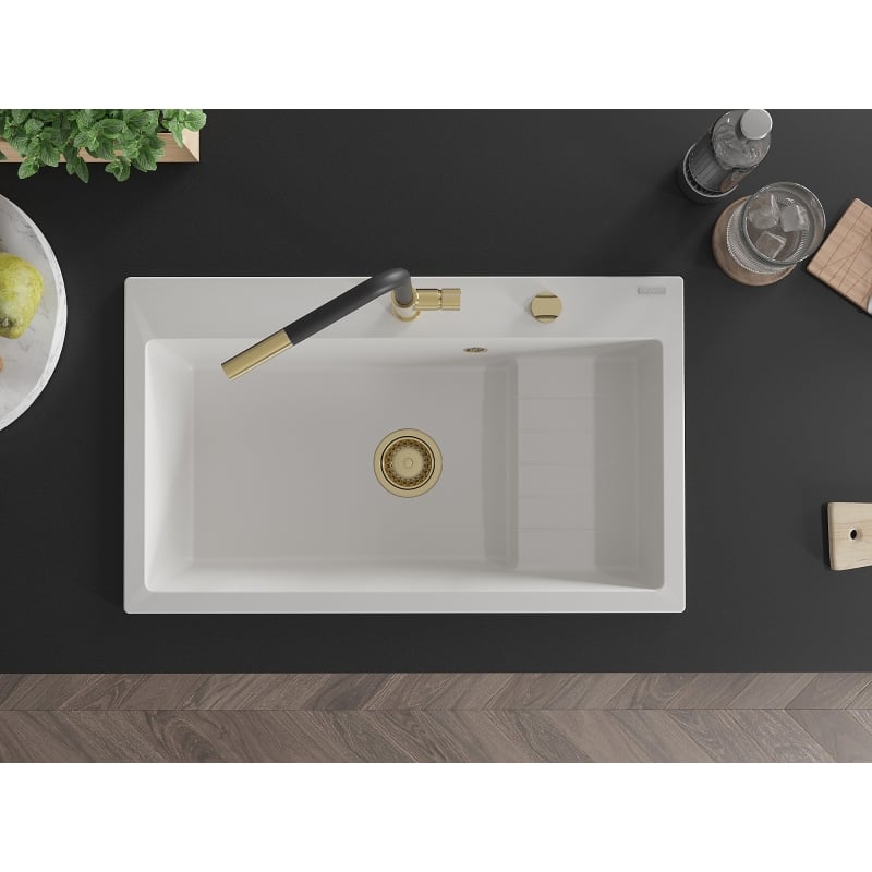 Mexen Omar graniitist köögivalamu, 1-kambriline, 800 x 480 mm, valge, kuldne sifoon - 6520801005-20-G