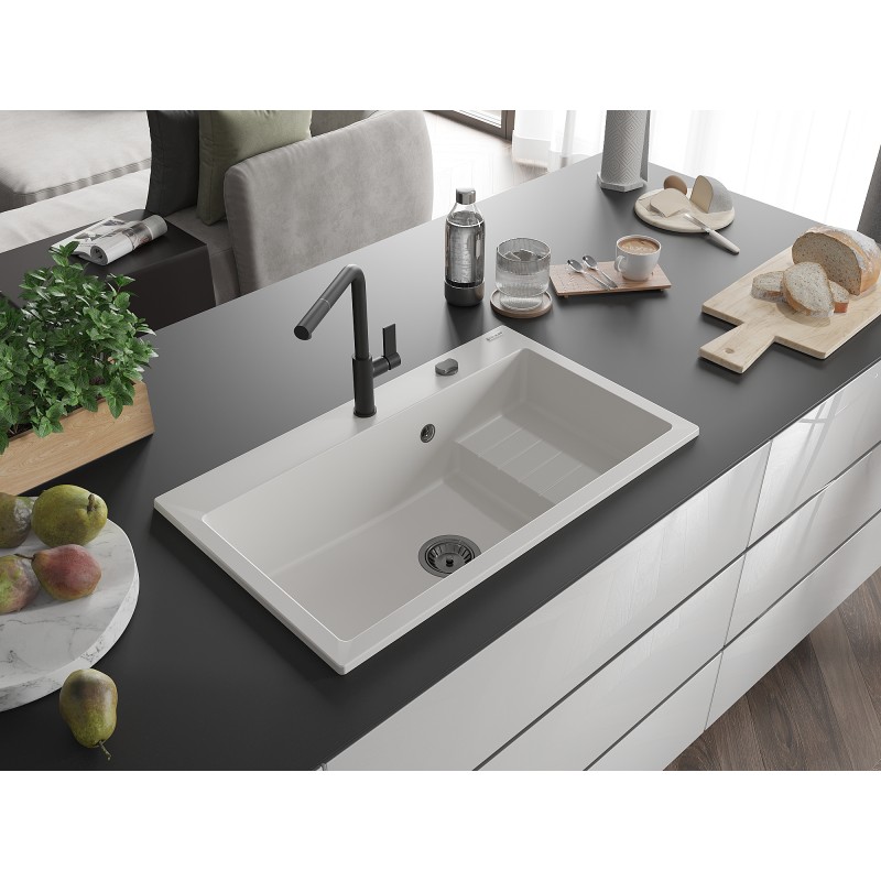 Mexen Omar zlewozmywak granitowy 1-komorowy 800 x 480 mm, biały, syfon czarny - 6520801005-20-B