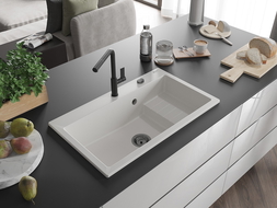 Mexen Omar fregadero de granito de 1 compartimento 800 x 480 mm, blanco, sifón negro - 6520801005-20-B