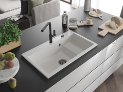 Mexen Omar lava-loiça de granito de 1-gaveta 800 x 480 mm, branco, sifão preto - 6520801005-20-B