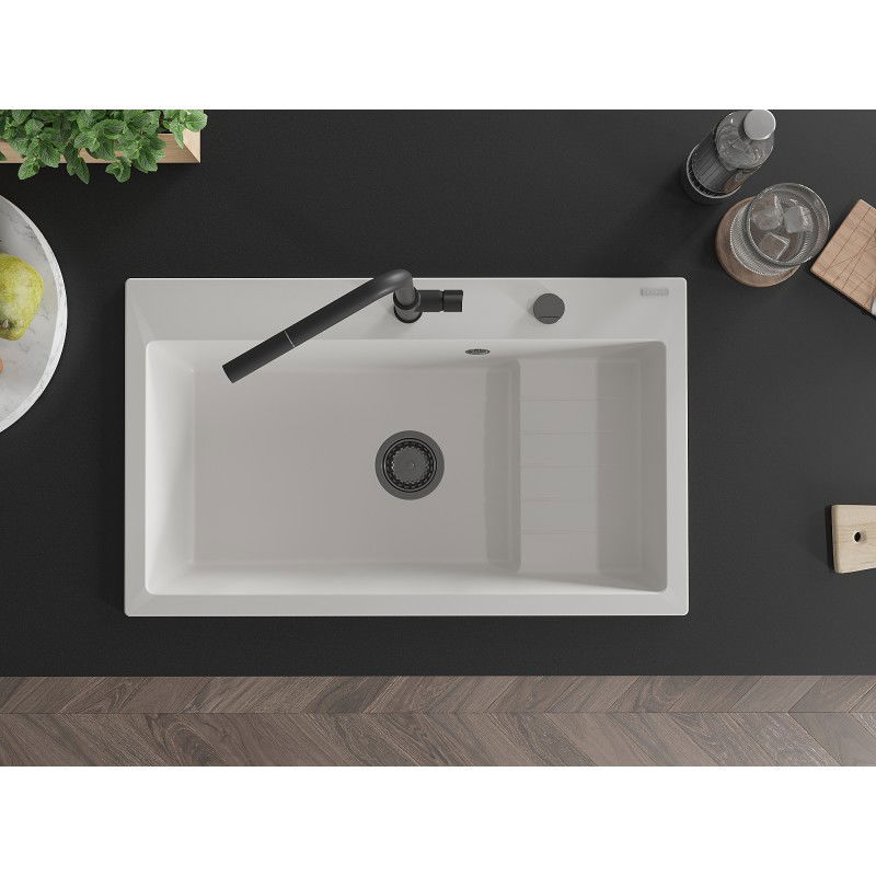 Mexen Omar Granitspüle 1-Becken 800 x 480 mm, weiß, schwarzer Siphon - 6520801005-20-B