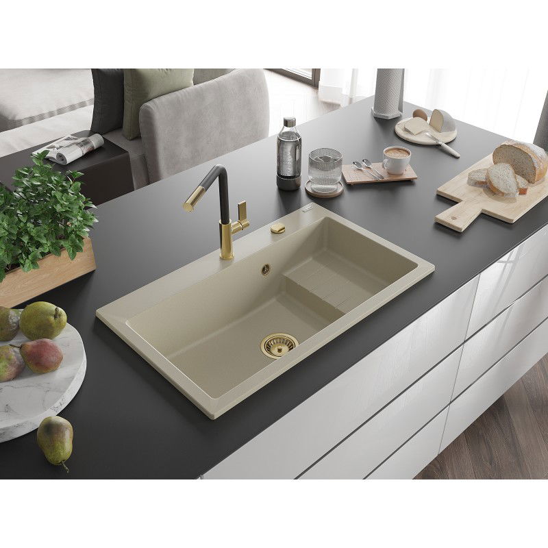 Mexen Omar Granitspüle 1-Becken 800 x 480 mm, beige, goldener Siphon - 6520801005-69-G