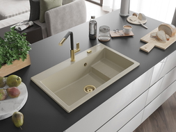 Mexen Omar Granitspüle 1-Becken 800 x 480 mm, beige, goldener Siphon - 6520801005-69-G
