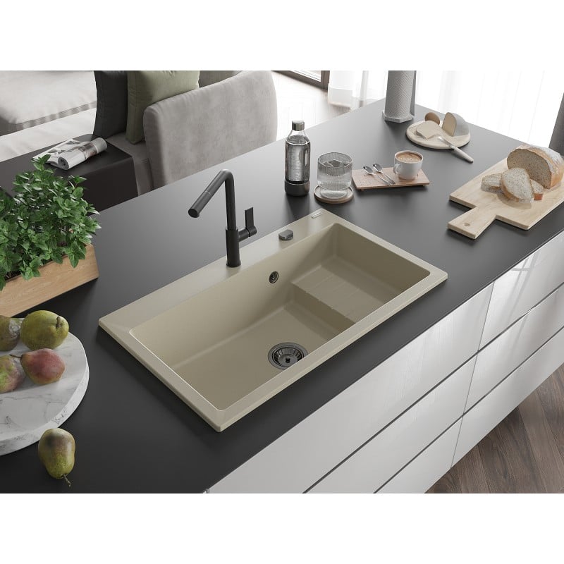Mexen Omar fregadero de granito de 1 seno 800 x 480 mm, beige, sifón negro - 6520801005-69-B