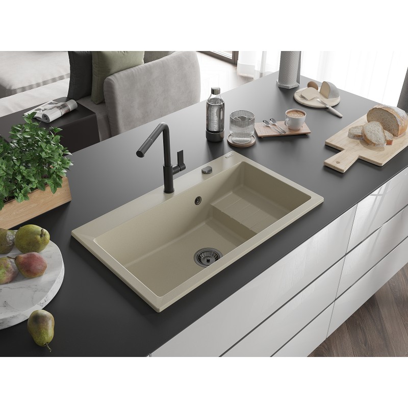 Mexen Omar zlewozmywak granitowy 1-komorowy 800 x 480 mm, beżowy, syfon czarny - 6520801005-69-B