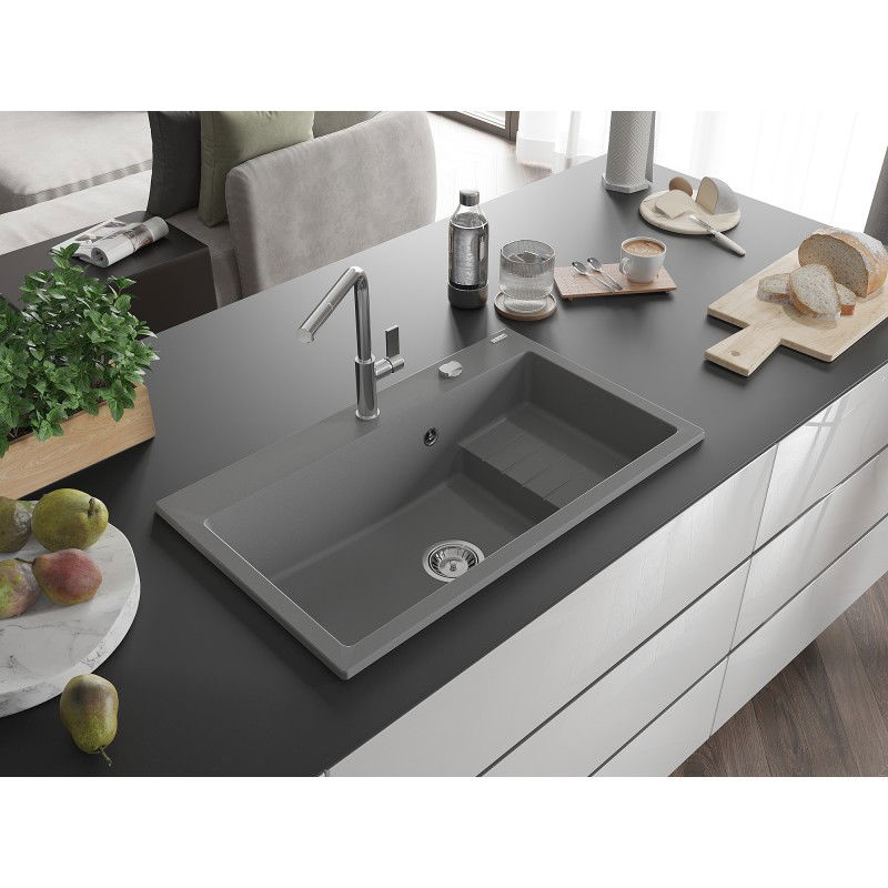 Mexen Omar lavello in granito 1-vasca 800 x 480 mm, grigio, sifone cromato - 6520801005-71