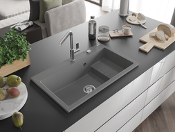 Mexen Omar fregadero de granito 1-cuenco 800 x 480 mm, gris, sifón cromado - 6520801005-71