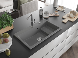 Mexen Omar granieten gootsteen 1-komor 800 x 480 mm, grijs, chroom sifon - 6520801005-71