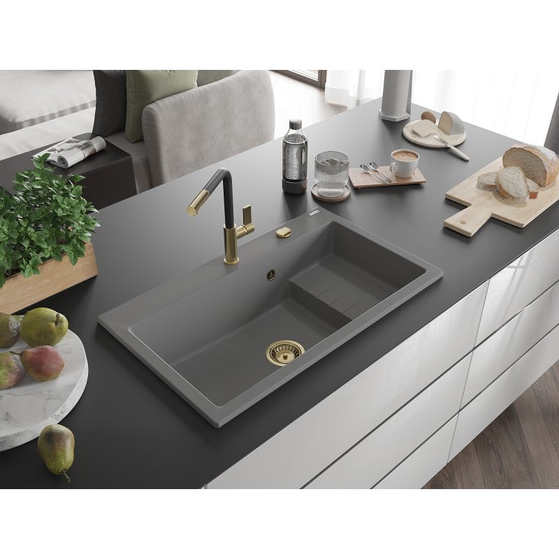 Mexen Omar granite kitchen sink 1-bowl 800 x 480 mm, grey, gold siphon - 6520801005-71-G