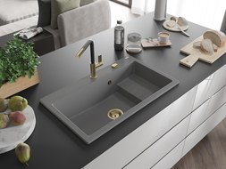 Mexen Omar Νεροχύτης γρανίτης 1 θαλάμου 800 x 480 mm, γκρι, χρυσό σιφόνι