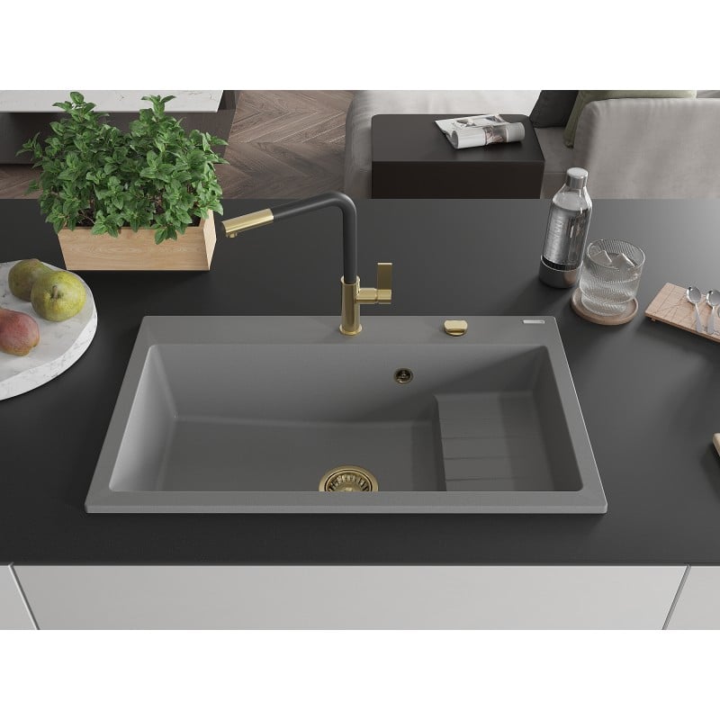 Mexen Omar granite kitchen sink 1-bowl 800 x 480 mm, grey, gold siphon - 6520801005-71-G
