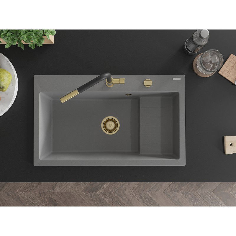 Mexen Omar lavello da cucina in granito ad 1 vasca 800 x 480 mm, grigio, sifone dorato - 6520801005-71-G