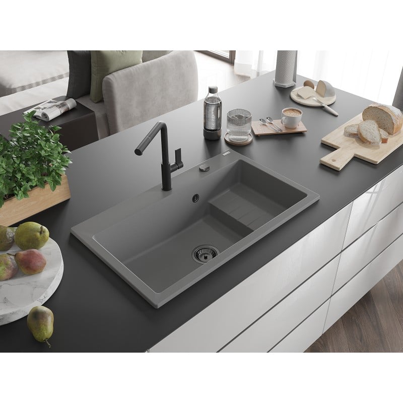 Mexen Omar 1-bowl granite sink 800 x 480 mm, grey, black siphon - 6520801005-71-B