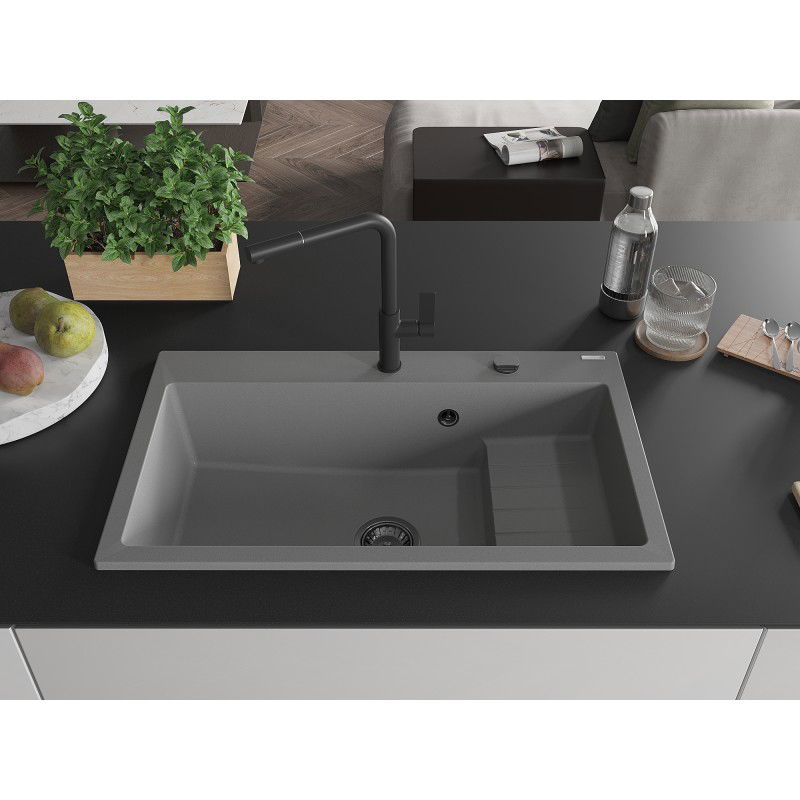 Mexen Omar granit izlietne ar vienu nodalījumu 800 x 480 mm, pelēka, melns sifons - 6520801005-71-B