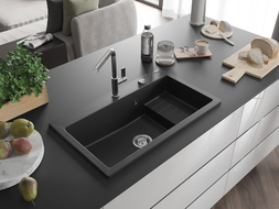 Mexen Omar fregadero de granito 1-cubeta 800 x 480 mm, negro/plateado metálico, sifón cromo - 6520801005-73