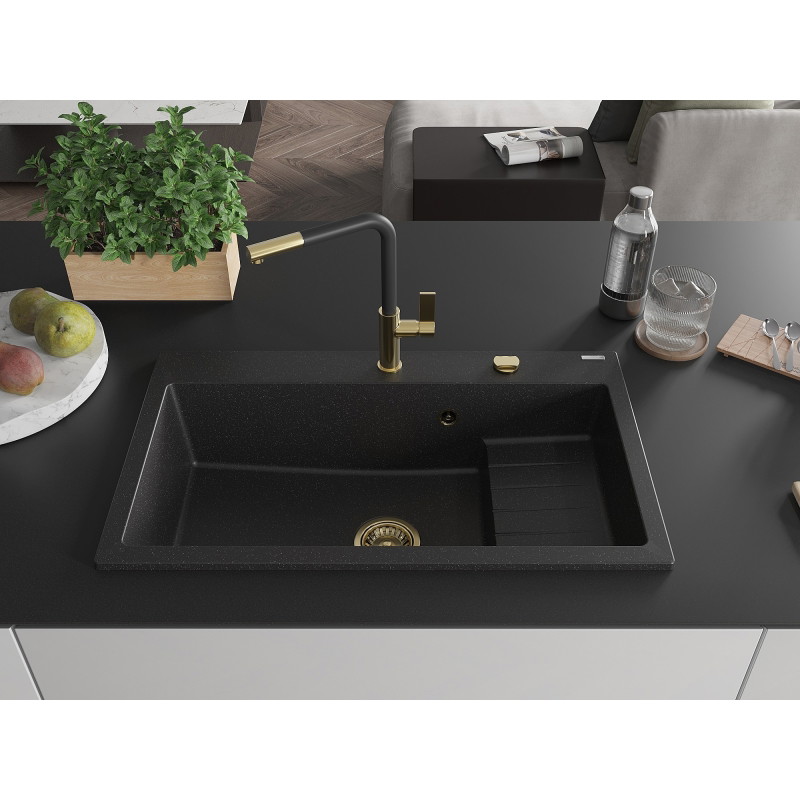 Mexen Omar graniit valamu 1-kaussiline 800 x 480 mm, must/hõbedane metallik, sifoon kuldne - 6520801005-73-G