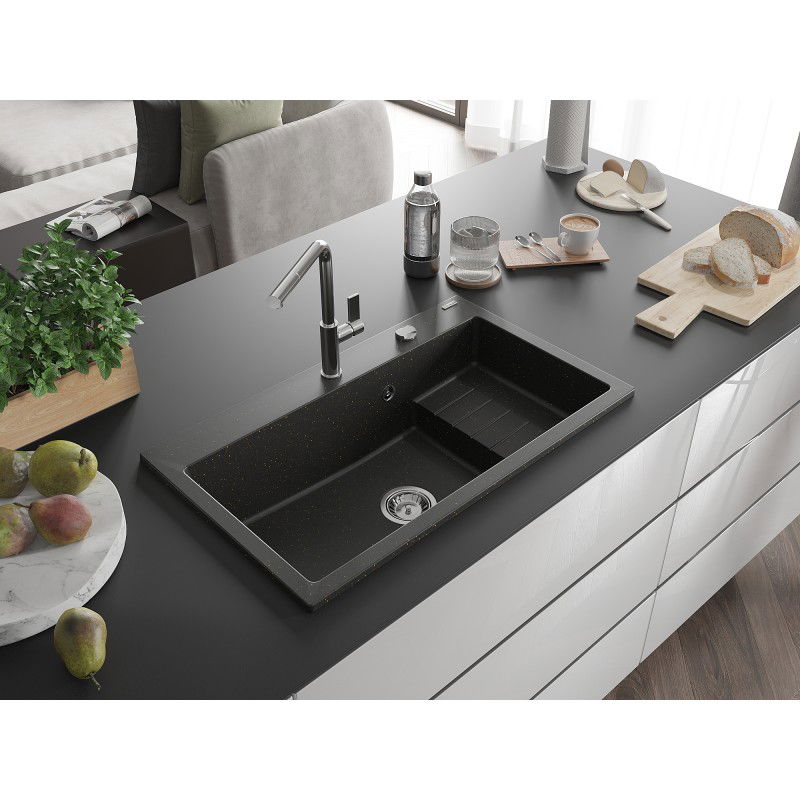 Mexen Omar granieten spoelbak 1-komoors 800 x 480 mm, zwart/goud metallic, chroom sifon - 6520801005-75