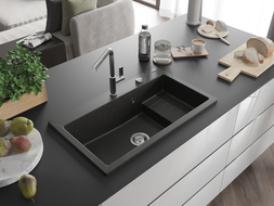 Mexen Omar lava-loiça de granito de 1 bacia 800 x 480 mm, preto/dourado metálico, sifão cromado - 6520801005-75