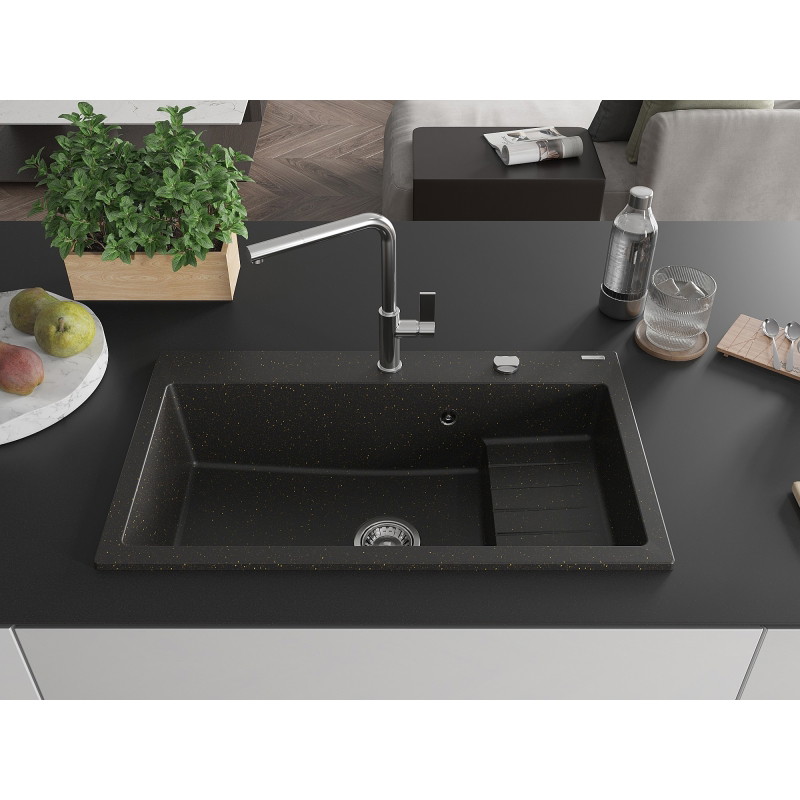 Mexen Omar 1-kauseline graniidist köögivalamu 800 x 480 mm, must/kuldne metallik, kroom sifoon - 6520801005-75