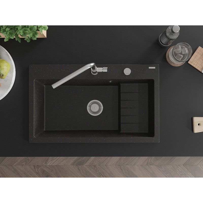 Mexen Omar lavello da cucina in granito a una vasca 800 x 480 mm, nero/oro metallizzato, sifone cromato - 6520801005-75