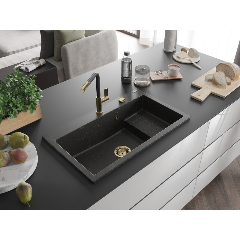 Mexen Omar graniidist köögivalamu 1-kambriline 800 x 480 mm, must/kuldne metallik, kuldne sifoon - 6520801005-75-G