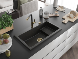 Mexen Omar fregadero de granito de 1 seno 800 x 480 mm, negro/oro metálico, sifón dorado - 6520801005-75-G