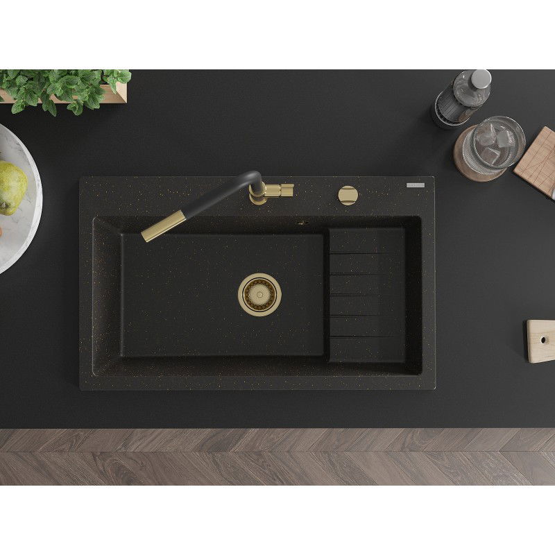 Mexen Omar Granit-Eenzelschëff 1-Kummer 800 x 480 mm, schwaarz/gëllene Metalik, gëllene Siphon - 6520801005-75-G
