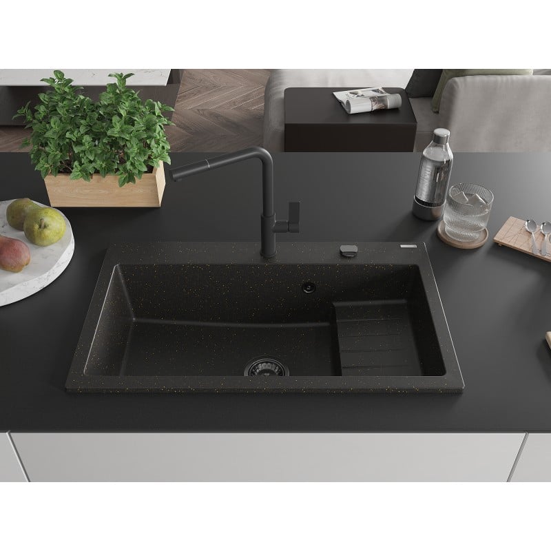Mexen Omar 1-bowl granite sink 800 x 480 mm, black/gold metallic, black siphon - 6520801005-75-B