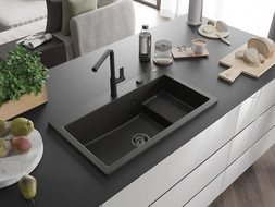 Mexen Omar évier en granit 1 bac 800 x 480 mm, noir/doré métallisé, siphon noir - 6520801005-75-B