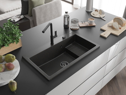 Mexen Omar fregadero de granito de 1 seno 800 x 480 mm, negro/dorado metálico, sifón negro - 6520801005-75-B