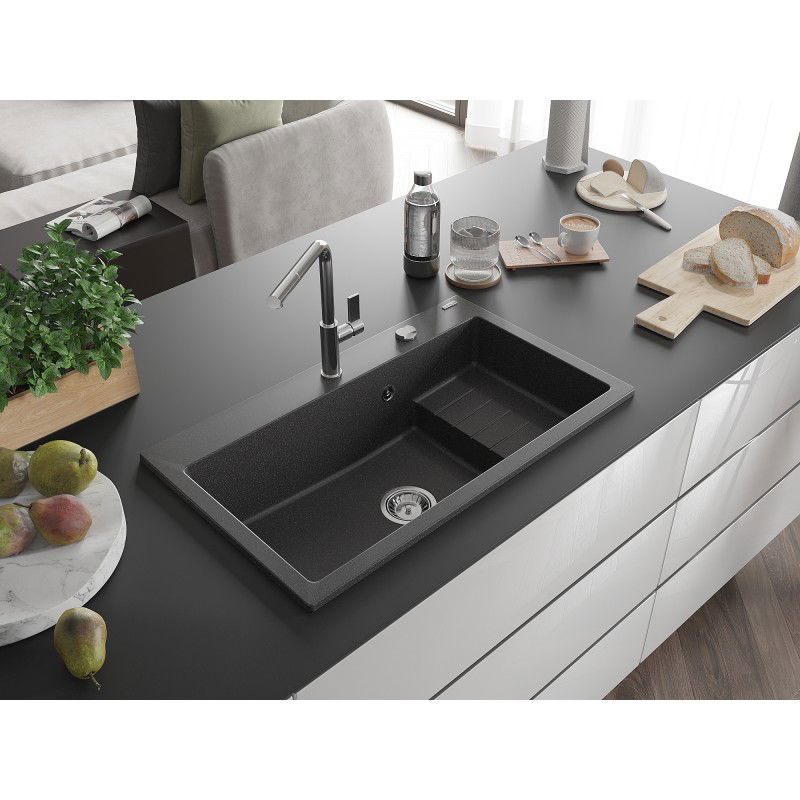 Mexen Omar Granitspüle 1-Becken 800 x 480 mm, schwarz gesprenkelt, Chrom-Siphon - 6520801005-76