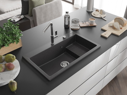 Mexen Omar granieten spoelbak 1-komoer 800 x 480 mm, zwart gespikkeld, chromen sifon - 6520801005-76