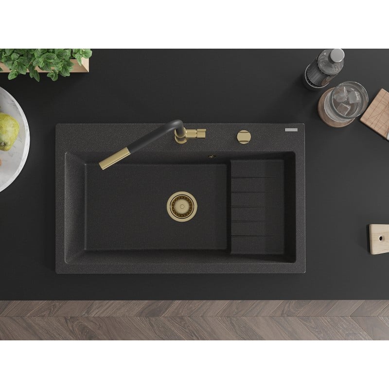 Mexen Omar fregadero de granito 1-cubeta 800 x 480 mm, negro moteado, sifón dorado - 6520801005-76-G