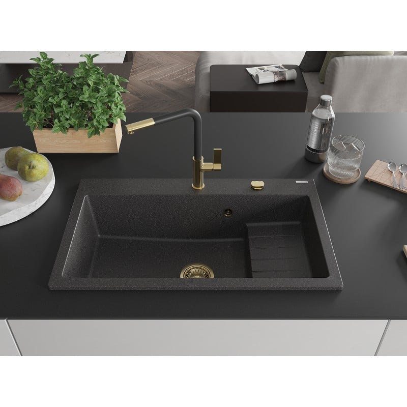 Mexen Omar 1-bowl granite kitchen sink 800 x 480 mm, black speckled, gold siphon - 6520801005-76-G