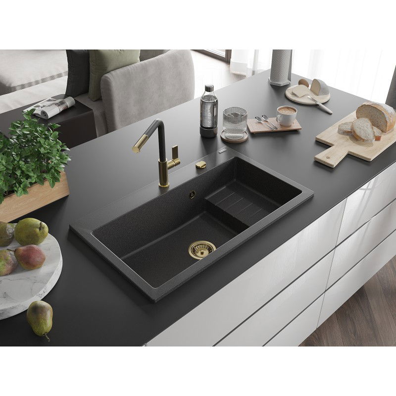 Mexen Omar lavello in granito a 1 vasca 800 x 480 mm, nero maculato, sifone dorato - 6520801005-76-G