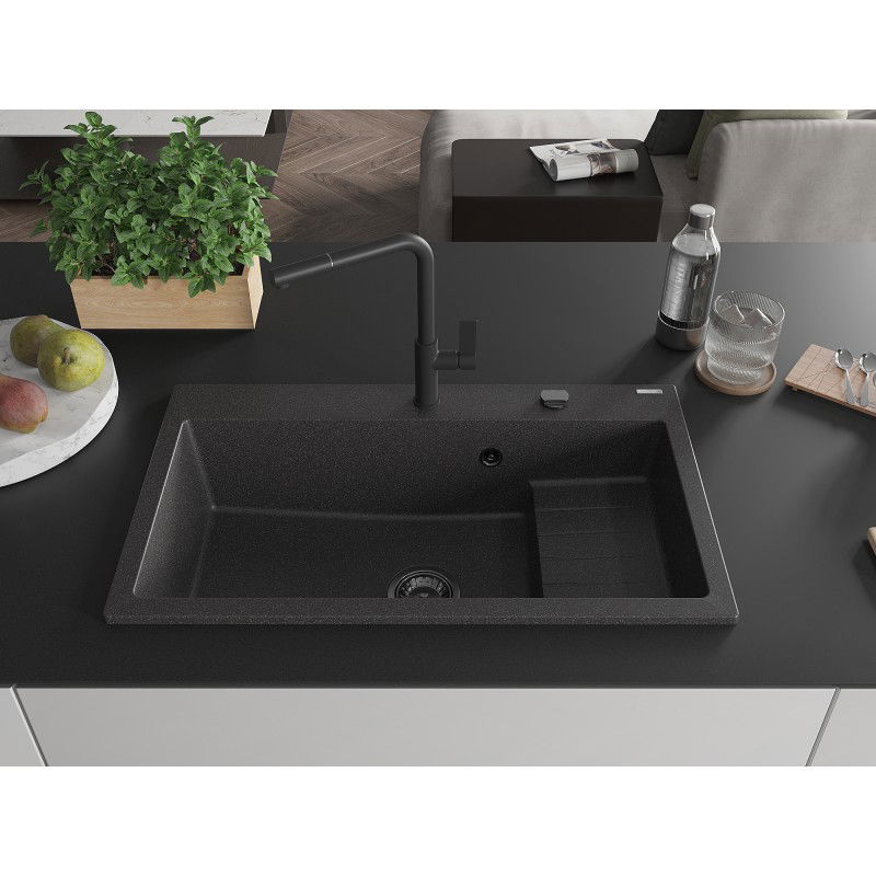Mexen Omar Granitspüle 1-beckig 800 x 480 mm, schwarz gesprenkelt, schwarzer Siphon - 6520801005-76-B