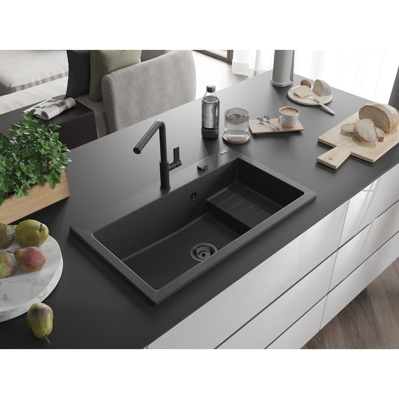 Mexen Omar lava-loiça de granito com 1 cuba 800 x 480 mm, preto salpicado, sifão preto - 6520801005-76-B