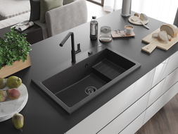 Mexen Omar évier en granit 1 bac 800 x 480 mm, noir moucheté, siphon noir - 6520801005-76-B