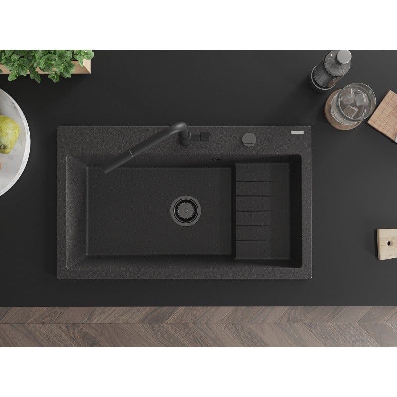 Mexen Omar granitdiskbänk 1-fack 800 x 480 mm, svart spräcklig, svart avlopp - 6520801005-76-B