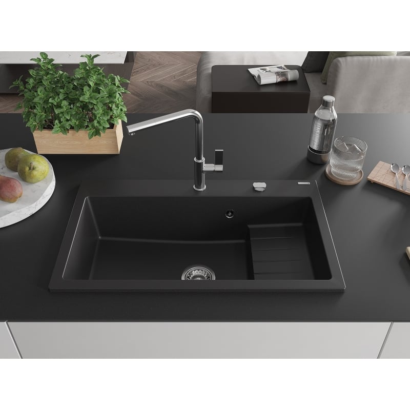 Mexen Omar graniidist köögivalamu 1-kambriline 800 x 480 mm, must, kroom-sifoon - 6520801005-77