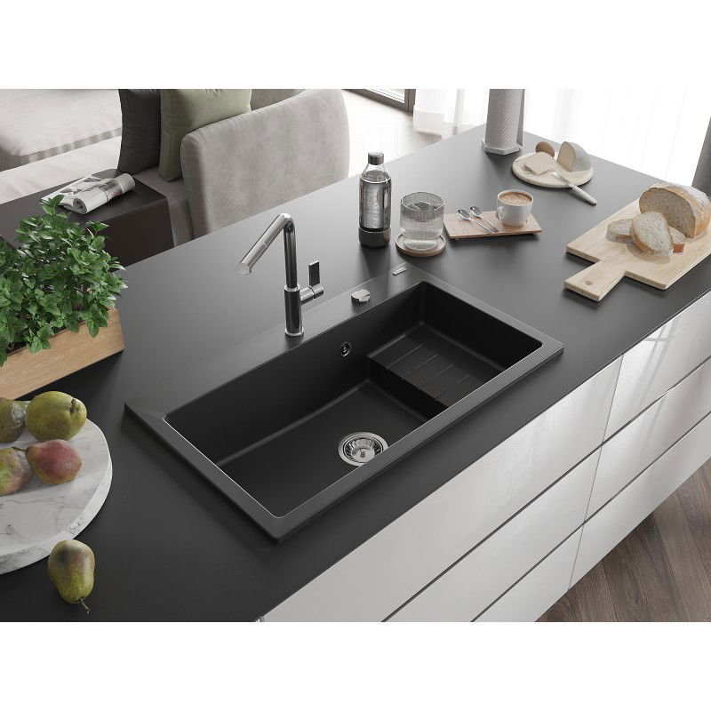 Mexen Omar granieten gootsteen 1-komorig 800 x 480 mm, zwart, chroom sifon - 6520801005-77