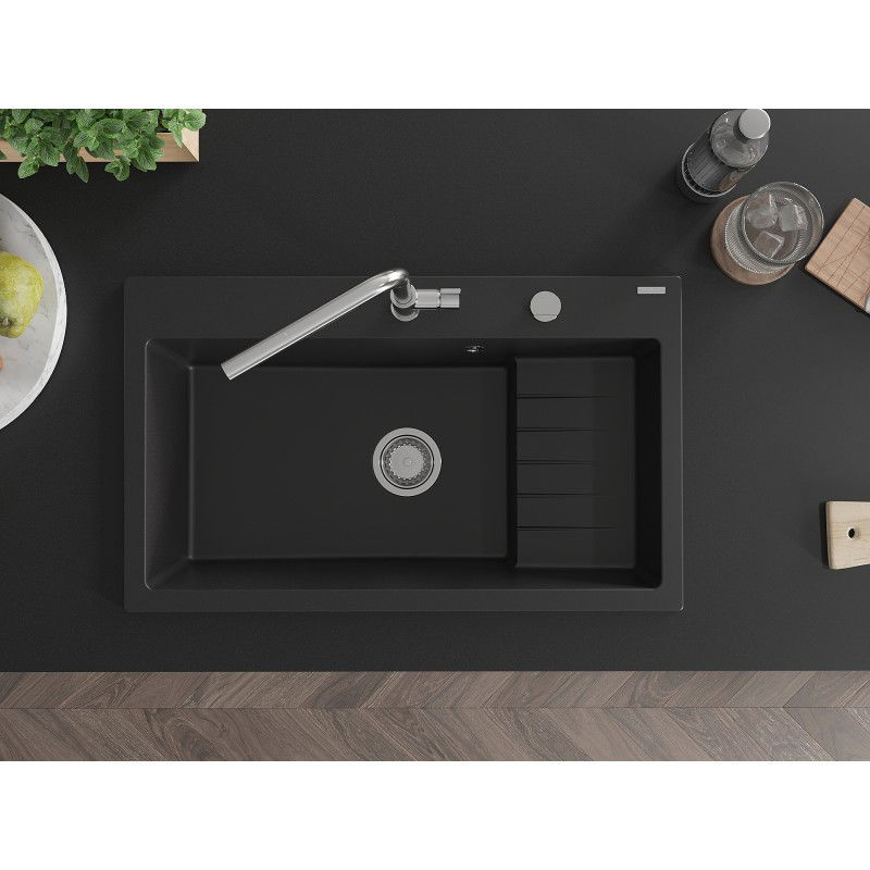 Mexen Omar fregadero de granito de 1 cubeta 800 x 480 mm, negro, sifón cromado - 6520801005-77