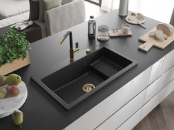 Mexen Omar lavello in granito 1 vasca 800 x 480 mm, nero, sifone dorato - 6520801005-77-G